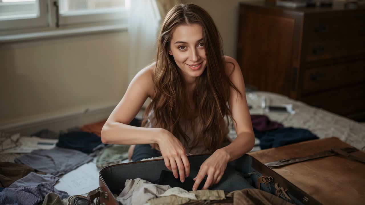 Noticing open vintage suitcase, woman in light tank top folding sweaters on bed, packing for trip