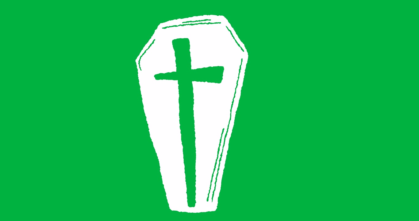 Animation of white coffin appearing on black background
