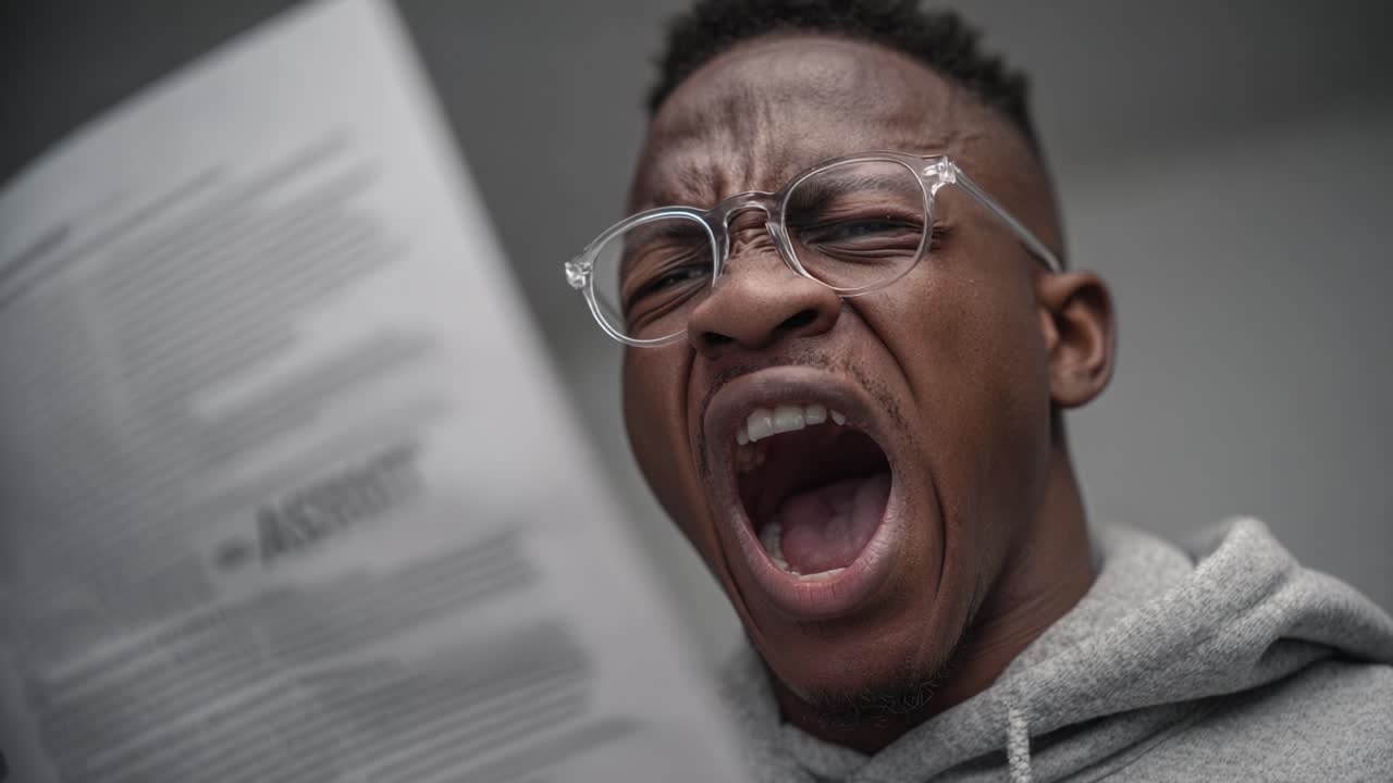 Captured Emotion: A Young Man Expresses Frustration and Passion While Reading Aloud from a Document, Demonstrating Intense Engagement with the Content in a Minimalist Setting