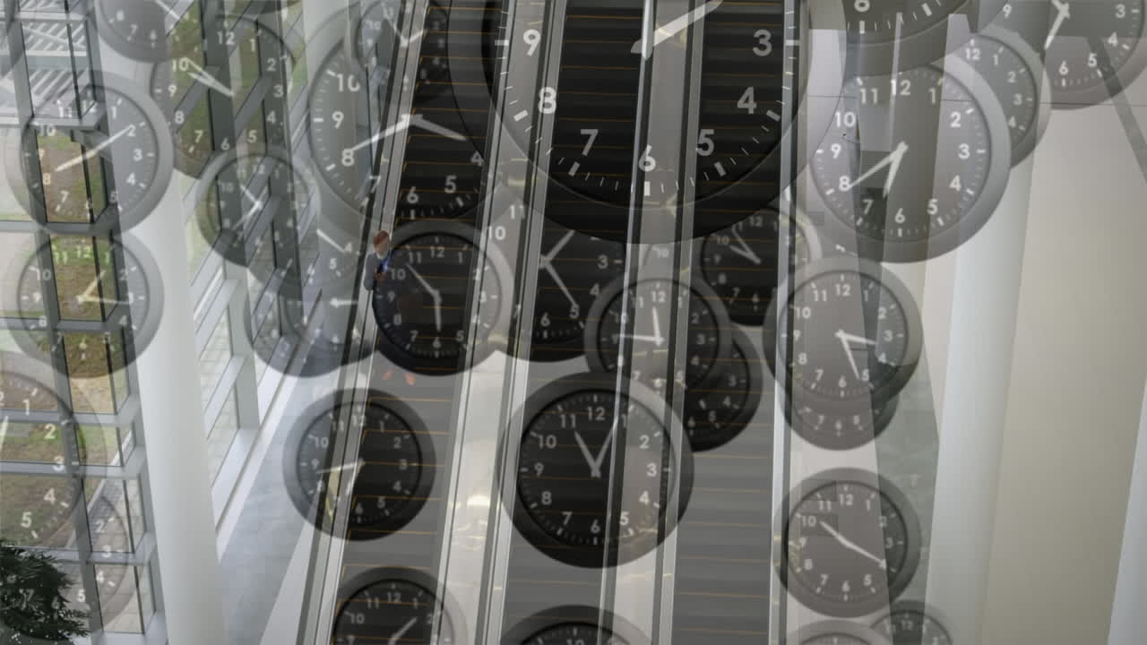 Animation of clocks ticking and data processing over escalators