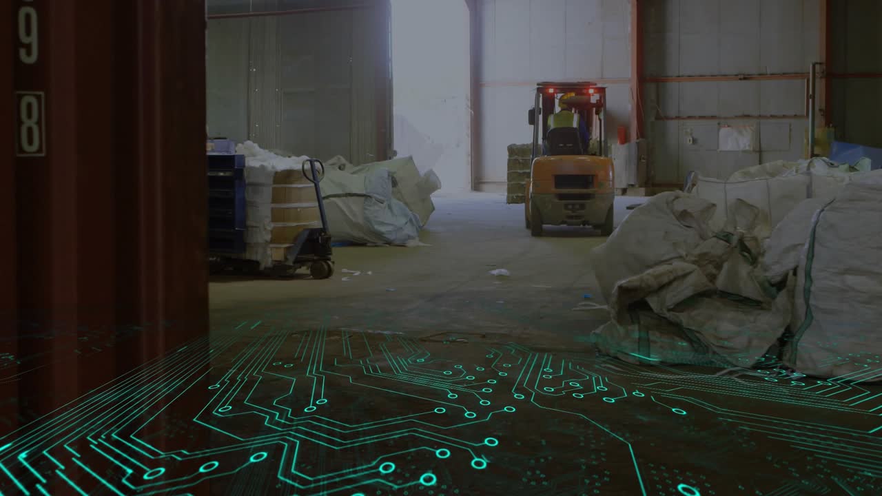 Entering warehouse aisle forklift operator moving crates with circuitboard guiding exit