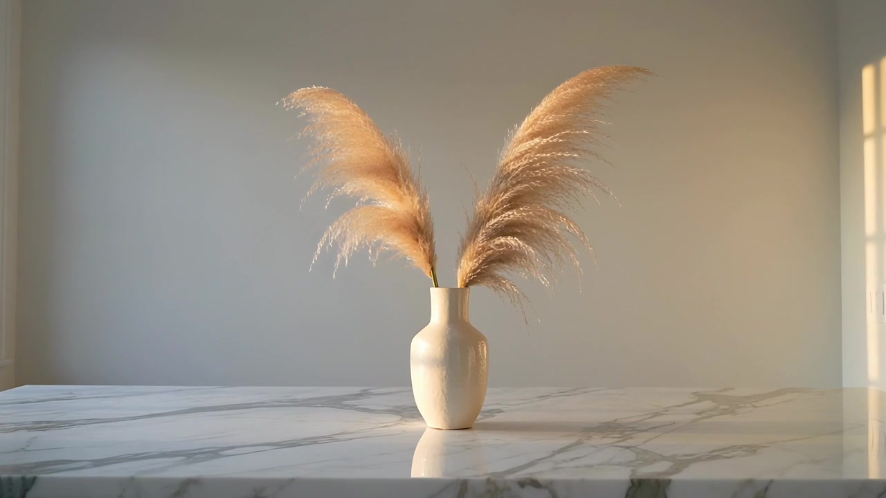 Plumas de capim-dos-pampas balançando, abrindo-se em leque ao redor de um vaso creme sobre uma mesa de mármore, sob a brisa e a luz do sol