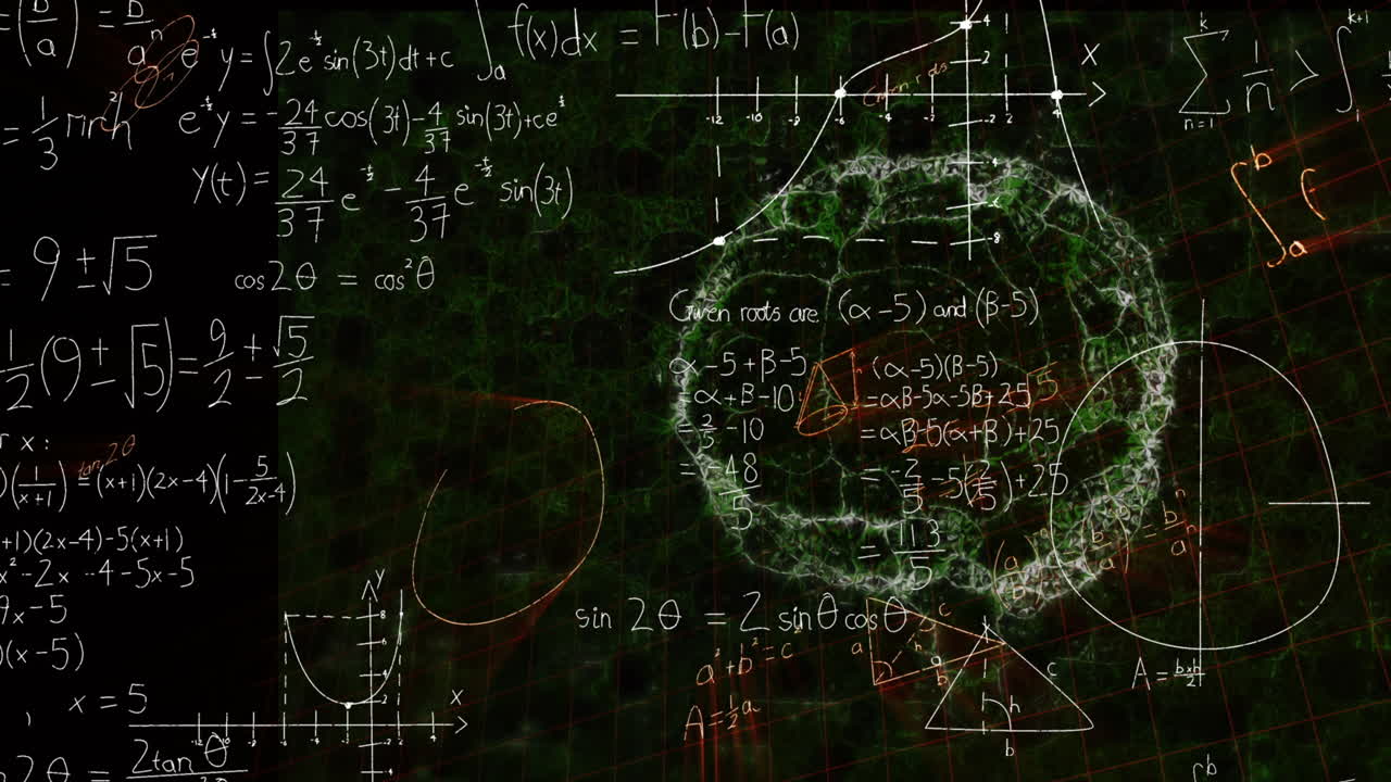 animación de ecuaciones matemáticas y diagramas sobre el cerebro digital humano