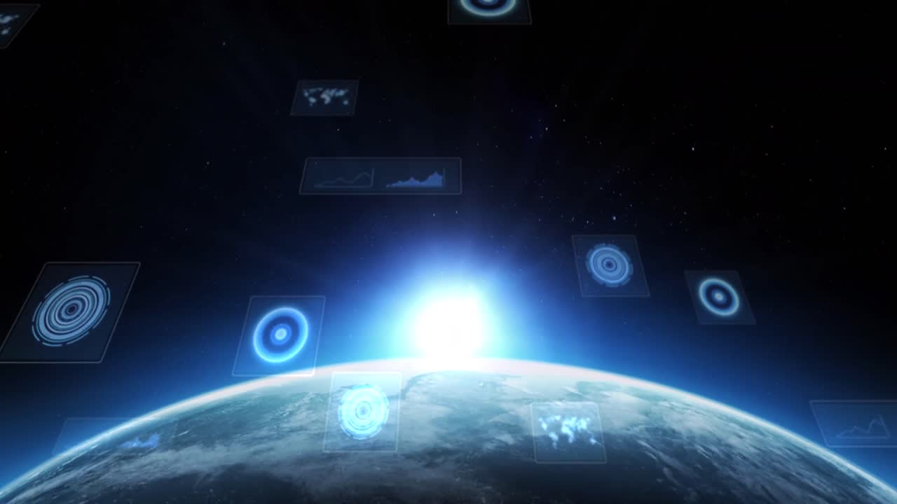animación de escaneos y procesamiento de datos en pantallas en todo el mundo con horizonte brillante