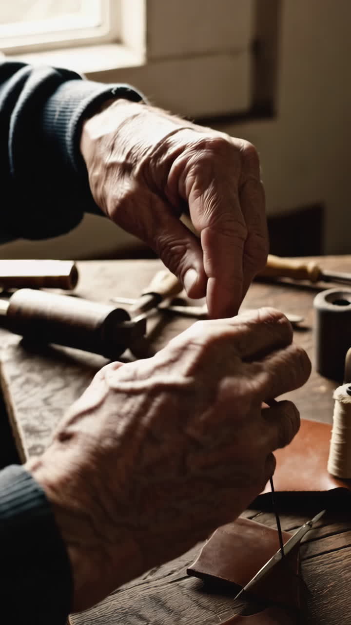 Elderly Craftsman Working on Leather