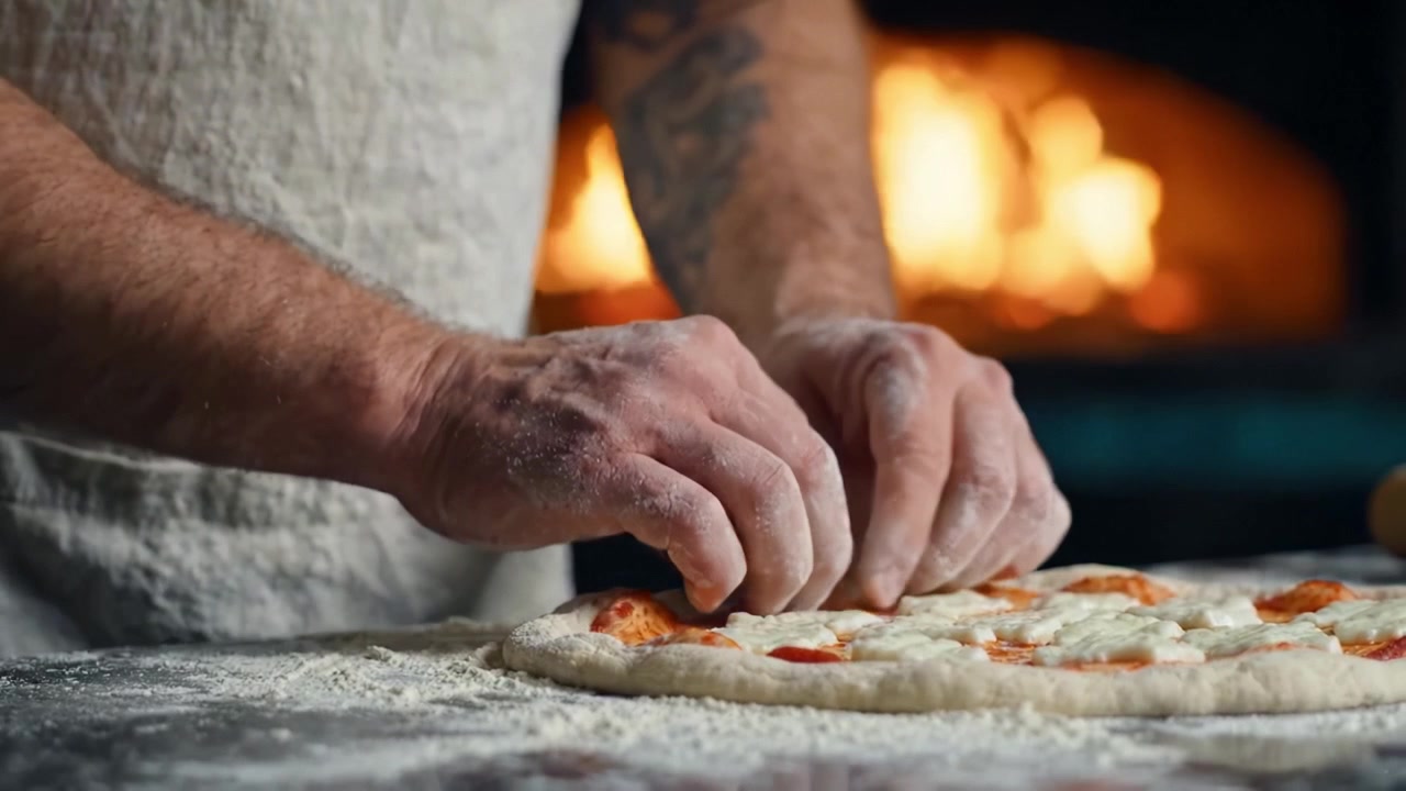 Preparazione artigianale della pizza: Mani che creano un piatto perfetto vicino a un forno a legna con fiamme calde che riscaldano la scena e creano un'atmosfera culinaria invitante.