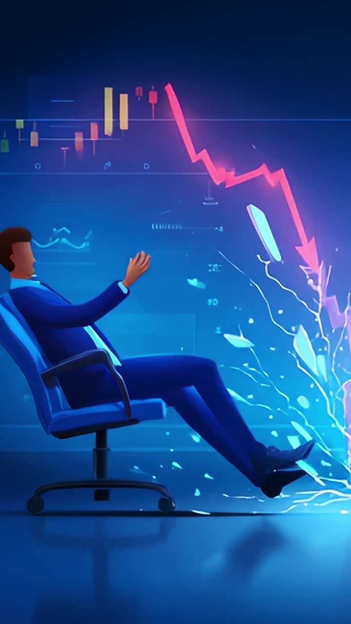 A Businessman Faces Sudden Market Instability While Seated, Observing Financial Charts with Accompanying Dramatic Visual Effects of a Market Collapse Impacting His Position