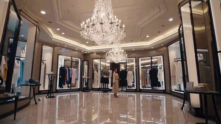 Elegant woman walking in a high end fashion boutique, admiring various stylish clothes displayed on racks, illuminated by magnificent crystal chandeliers, creating a luxurious shopping experience