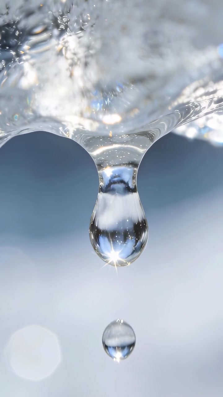Video verticale: Ghiaccio che si scioglie all'aperto, una goccia che si allunga e si stacca, con effetto bokeh in caduta.