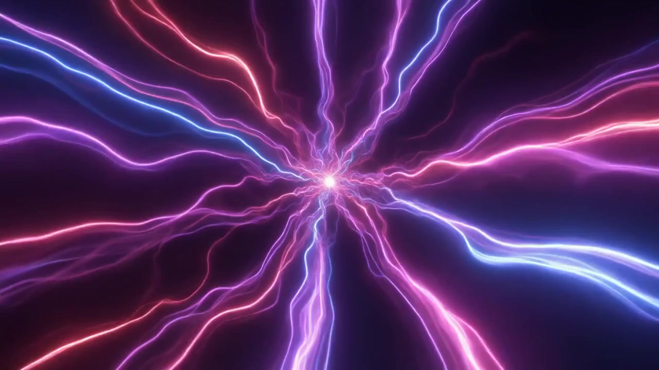 Fasci astratti di energia elettrica fulminea luminosa viola e blu