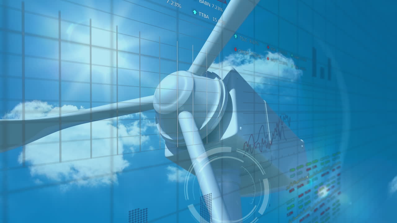 하늘을 향해 회전하는 풍력 터빈에 대한 그래프로 데이터 처리의 애니메이션