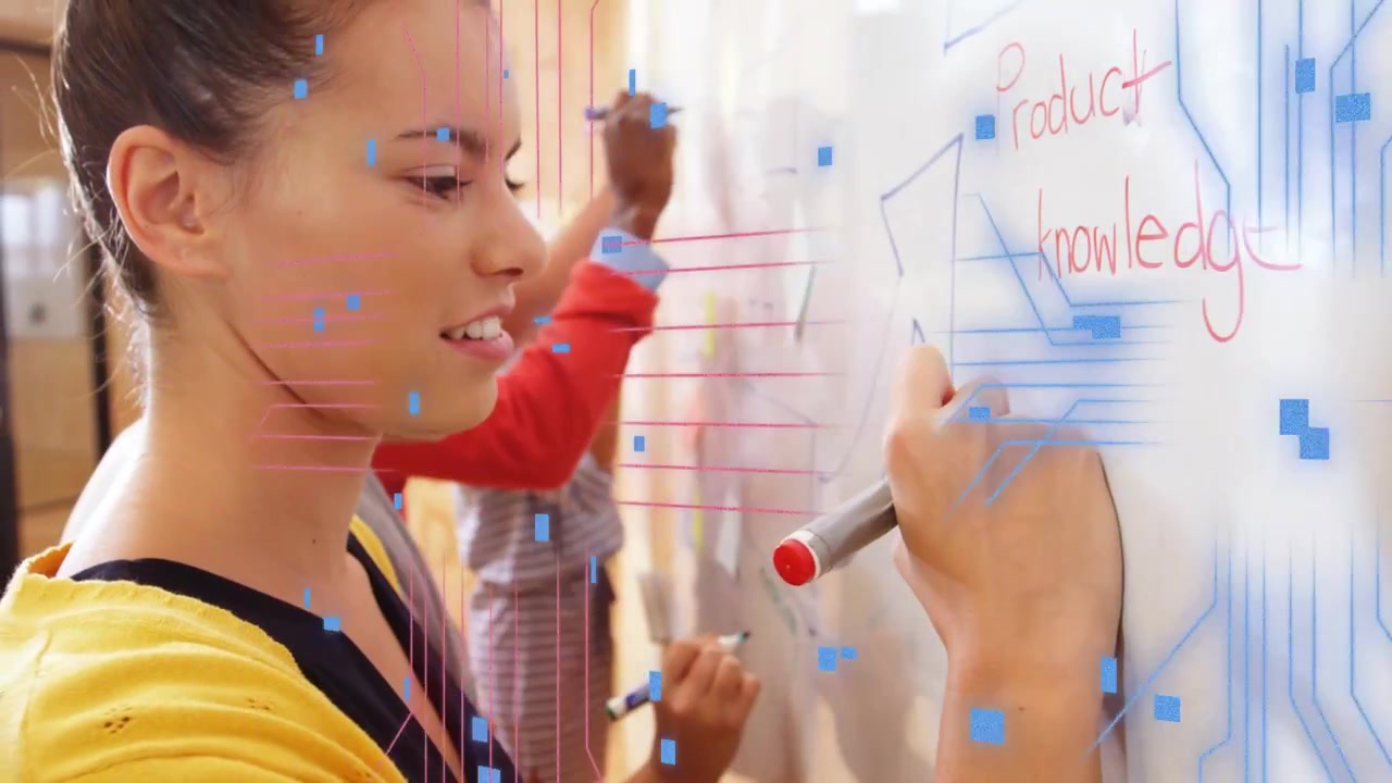 Vertical video: Woman placing marker writing board with tech HUD growing, forming Product knowledge