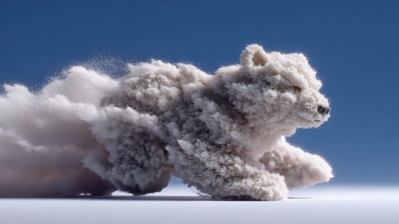 A Dynamic Polar Bear Formed from Clouds of Dust and Particles, Capturing the Essence of Nature's Majesty in Motion, Evoking Strength and Grace