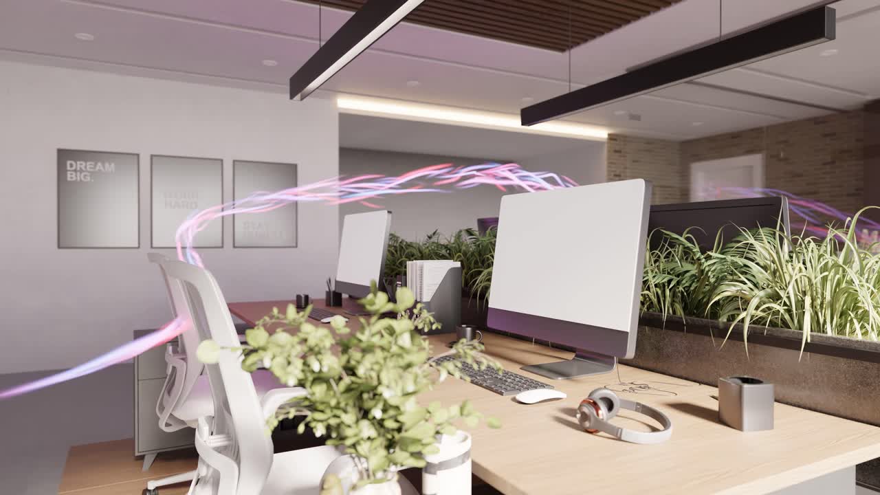 fluxo de energia em escritório moderno com laptop e cadeira vazia desktop moderno atendimento ao cliente de empresa de negócios