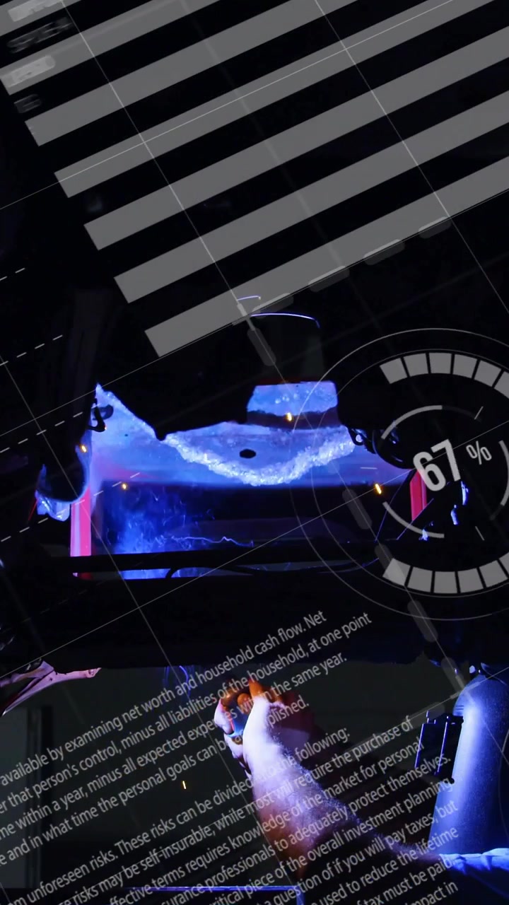 Vertical video: Welder bringing torch, igniting arc, HUD overlaying charts, measuring weld quality