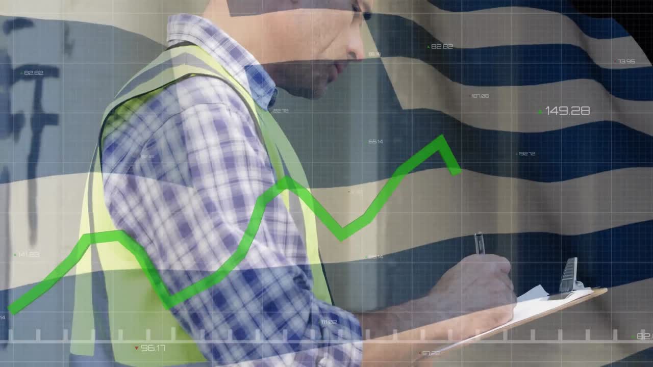 그리스 플래그 오버 현장 노동자가 계획을 작성하고 있습니다.