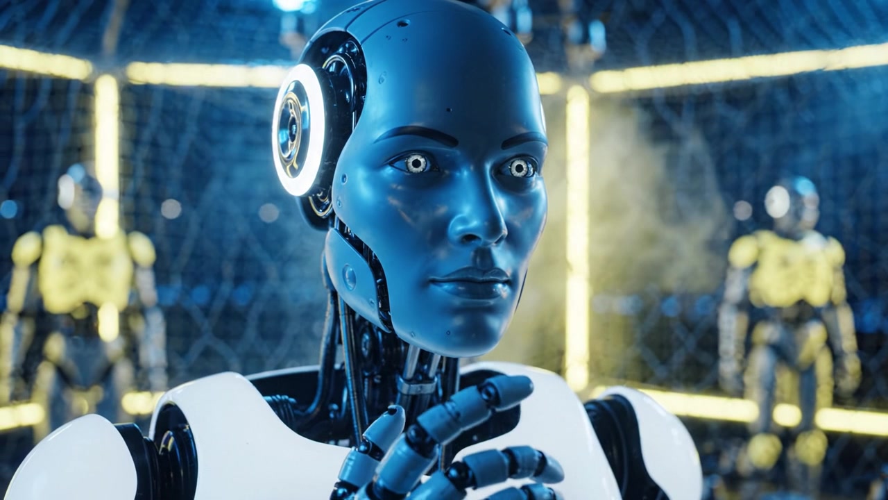 Robotica Futuristica: Una Vista Ravvicinata di un Robot Avanzato con Caratteristiche Realistiche in un Ambiente Illuminato Circondato da Altri Robot.