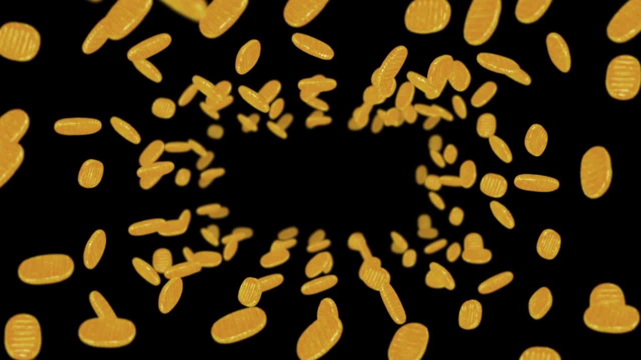 Flying many Koban coins on black background. Japanese oval golden coin. Money in Edo period. 3D animation of coin rotating. Loop animation.