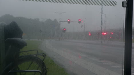 fuerte tormenta de lluvia en la calle de la ciudad - vista desde la parada de autobús
