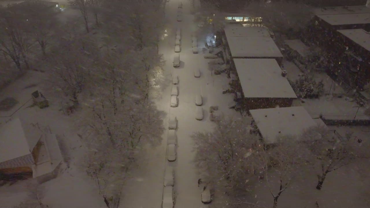 Snowstorms In The City Of Montréal In Québec, Canada During The Winter Season. Aerial Drone Shot