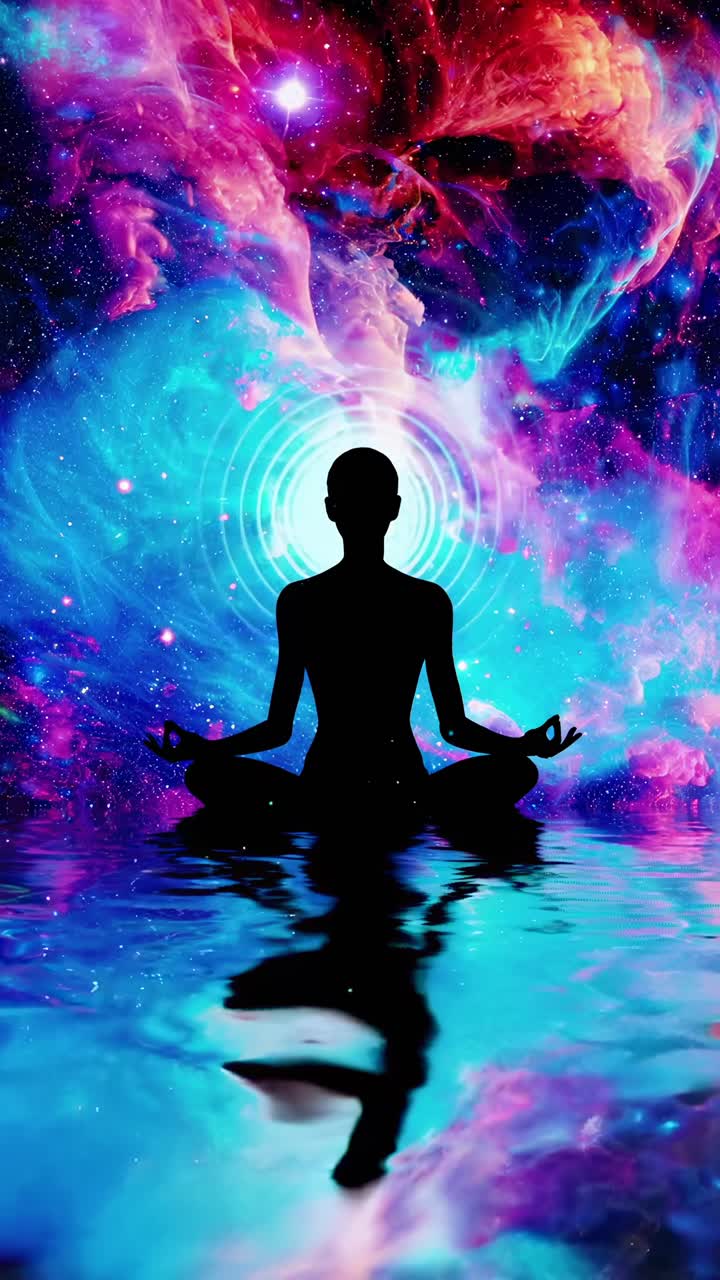 Silhouette che medita nello spazio cosmico, colori vibranti, angolazione bassa, concetto video di tranquillità.