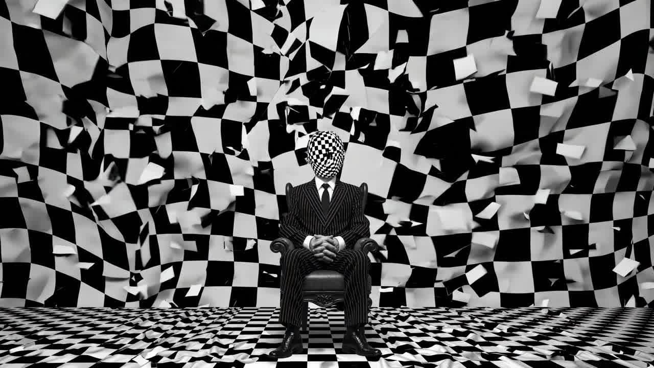 Animation of a businessman sitting calmly in a checkered room while the checkered wall explodes towards him, symbolizing stress, anxiety, and mental health challenges