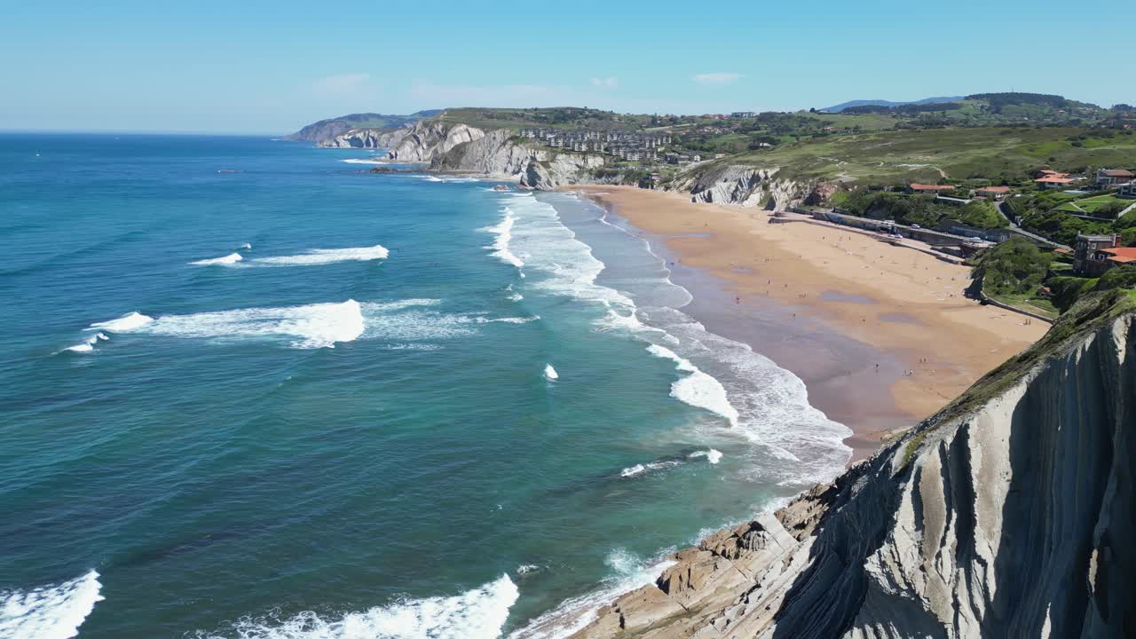 Sopelana Beach in Biscay, Basque Country, North Spain - Aerial 4k