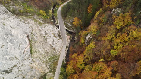 the aerial view of a mountain gorge with a road and bridge over a river, surrounded by rocks and a vibrant autumn forest