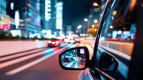 a car's side view mirror on the side of a city street at night