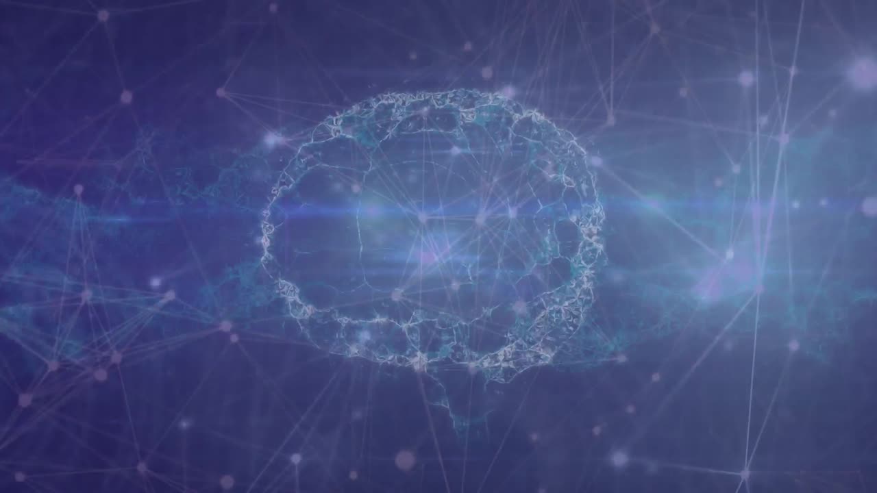 Animation of networks of connections with human brain spinning on blue background