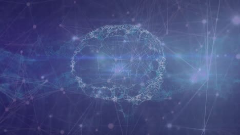 animación de redes de conexiones con el cerebro humano girando sobre un fondo azul