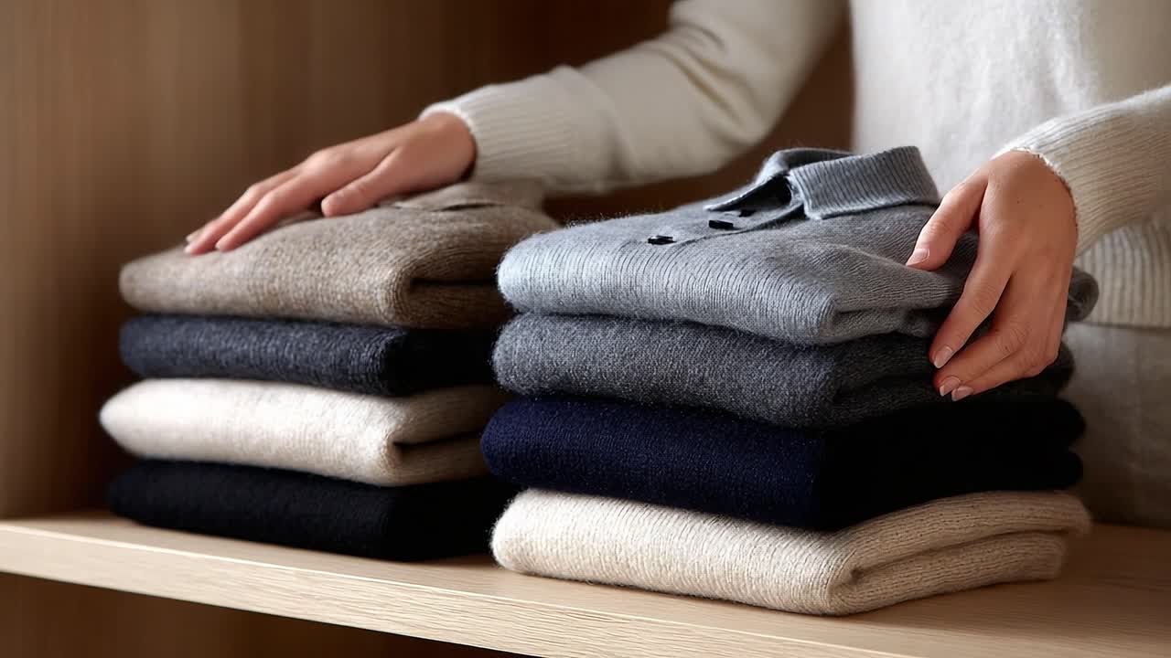 Organizing a Neatly Stacked Collection of Soft Sweaters in a Warm and Cozy Setting, Highlighting Textures and Color Coordination for a Tidy Wardrobe Aesthetic