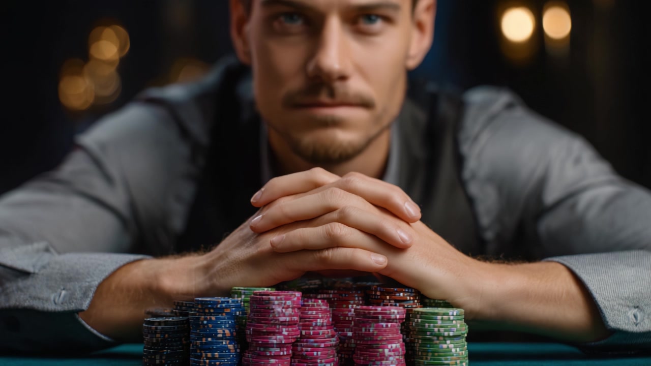 Un giocatore concentrato si prepara per la prossima mossa a un tavolo da poker, mostrando colorate fiches da poker impilate in alto, incarnando strategia e anticipazione in un momento di tensione.