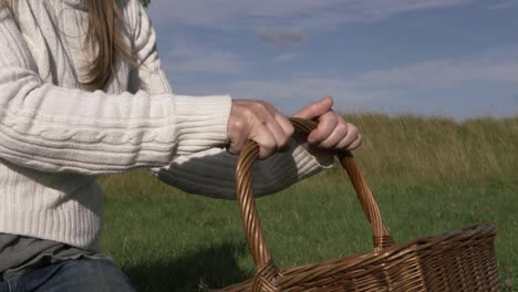 mujer sosteniendo una canasta vintage tejida en un prado tiro medio