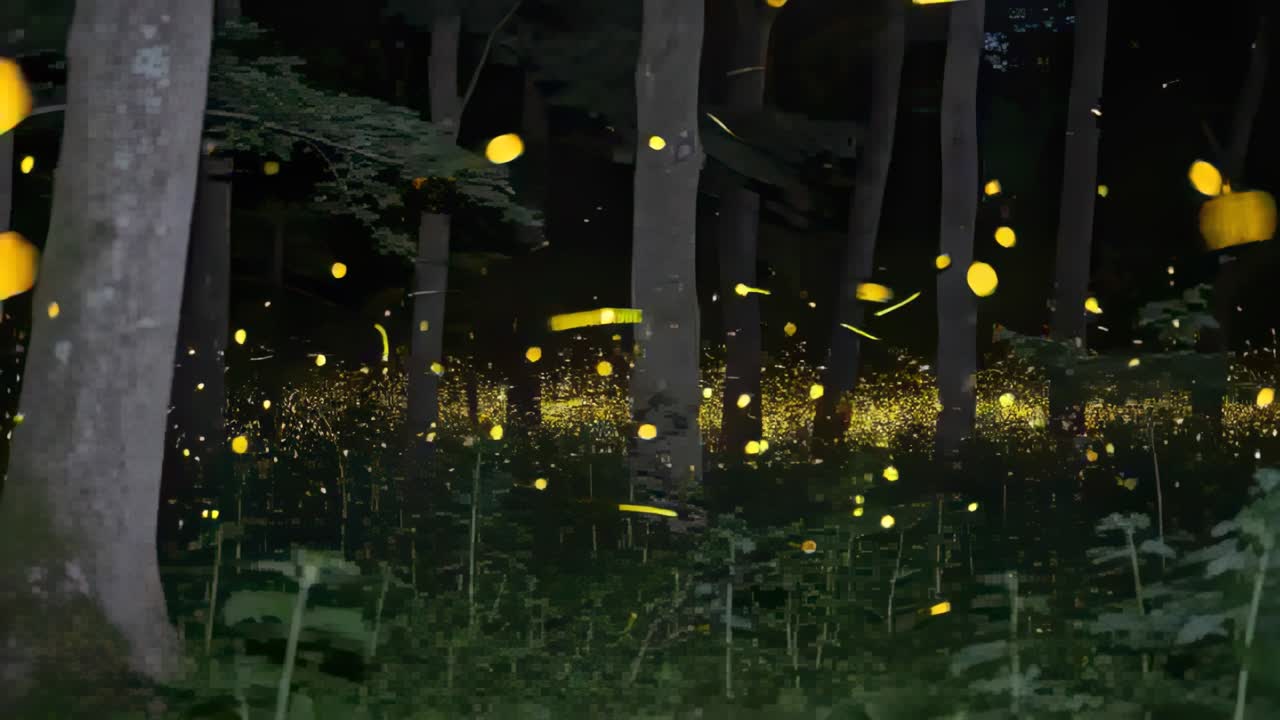 Glowing swarm of fireflies responding to nightfall, moving through forest clearing, showing trunks