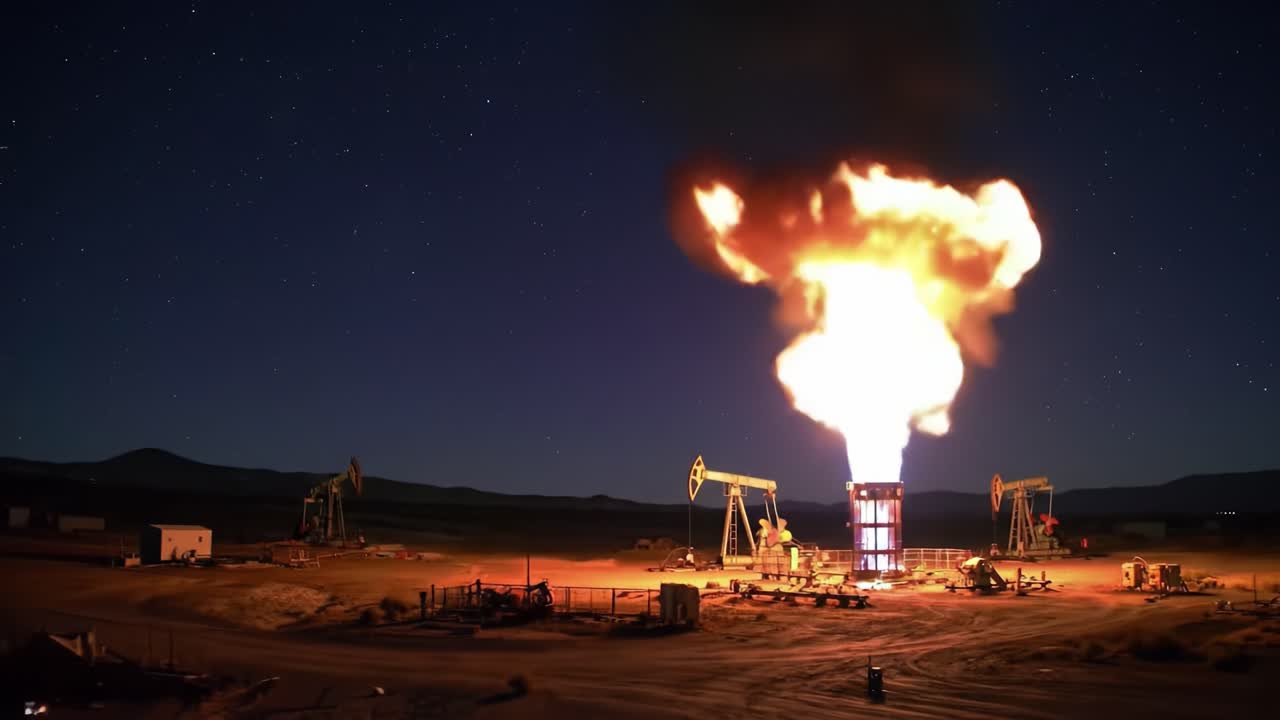 Illuminated by an Erupting Flame, This Oil Extraction Site Showcases High-Intensity Flaring Amidst a Starry Night Sky, Highlighting the Drama of Energy Production