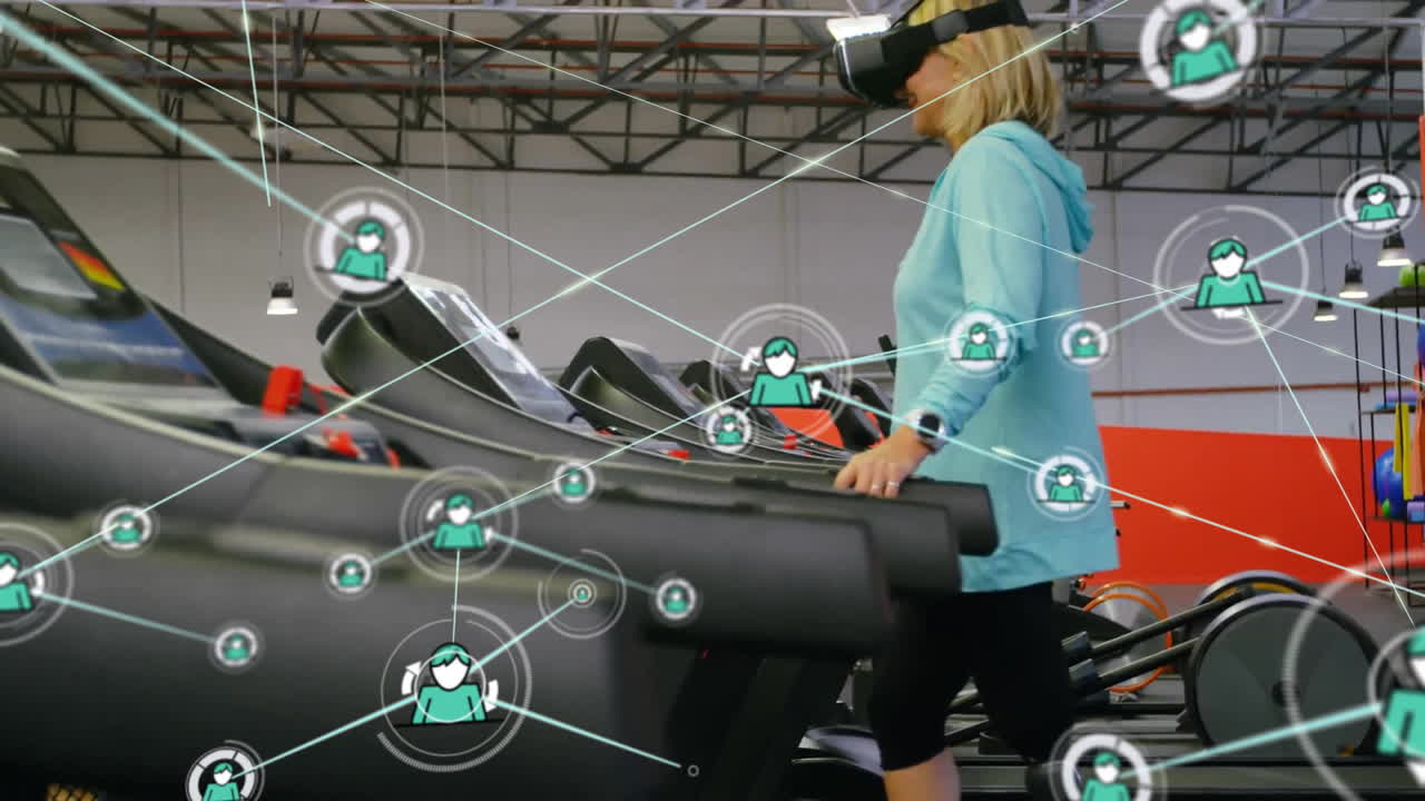 анимация сети людей иконы над кавказской женщиной с протезной ногой в vr гарнитуре в тренажерном зале