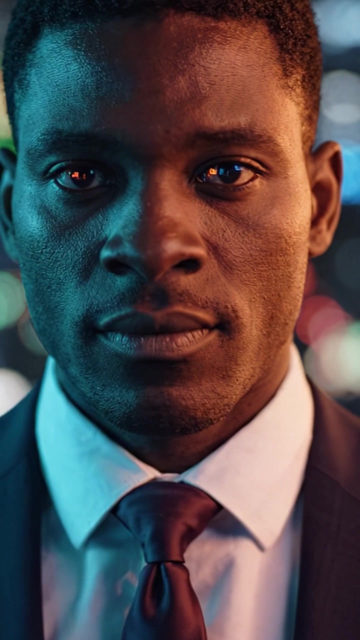 A Dapper Young Man in a Suit Displaying Intensity and Confidence Under Colorful Lights in a Sophisticated Urban Environment