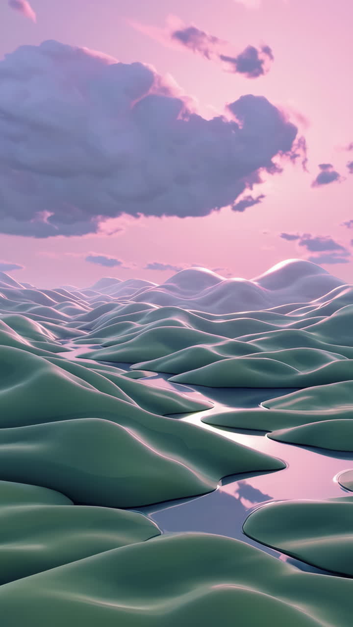 Surreal Pastel Landscape with Rolling Hills and Reflective River