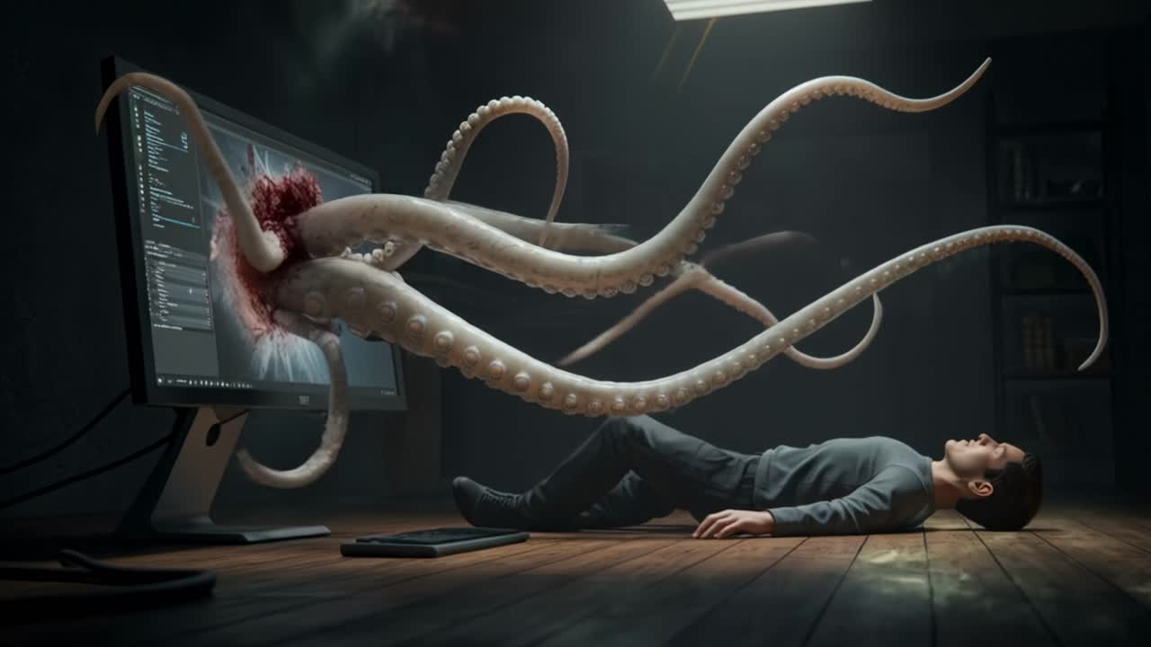 Creative digital art showcases a surreal encounter between a giant octopus and a person in a dimly lit room