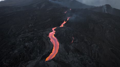 drone shot of lava streams from the cumbre vieja volcano in la palma