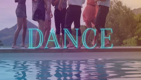 Animation-of-dance-text-over-diverse-group-of-friends-dancing-by-pool