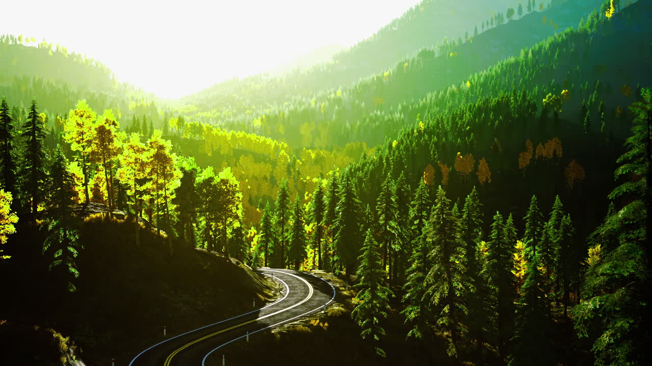 vista panorámica del ferrocarril sinuoso a través de colinas verdes y árboles vibrantes