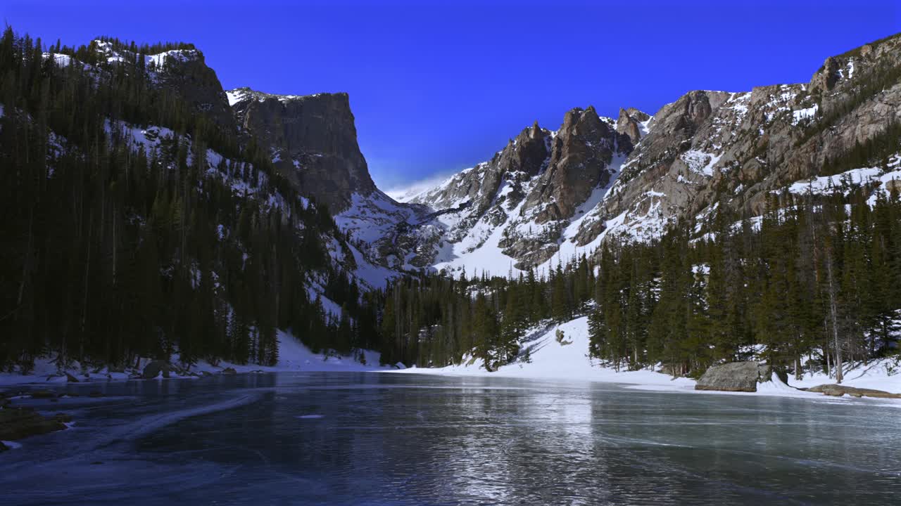Ghiaccio invernale congelato, Lago dei Sogni nel Parco Nazionale delle Montagne Rocciose (RMNP), Colorado. Mattinata soleggiata con cielo blu, Picco Hallett, Montagne Flattop, Ghiacciaio Tyndall. Paesaggio alpino d'alta quota, panoramica del sentiero tra Lago Smeraldo e Lago dell'Orso.