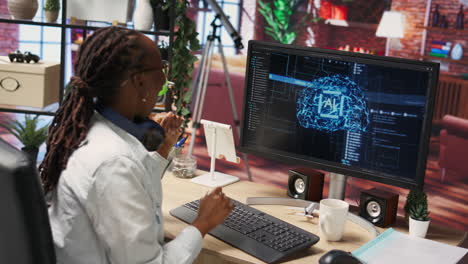 it expert doing ecstatic fist pump after successful checkup on ai systems