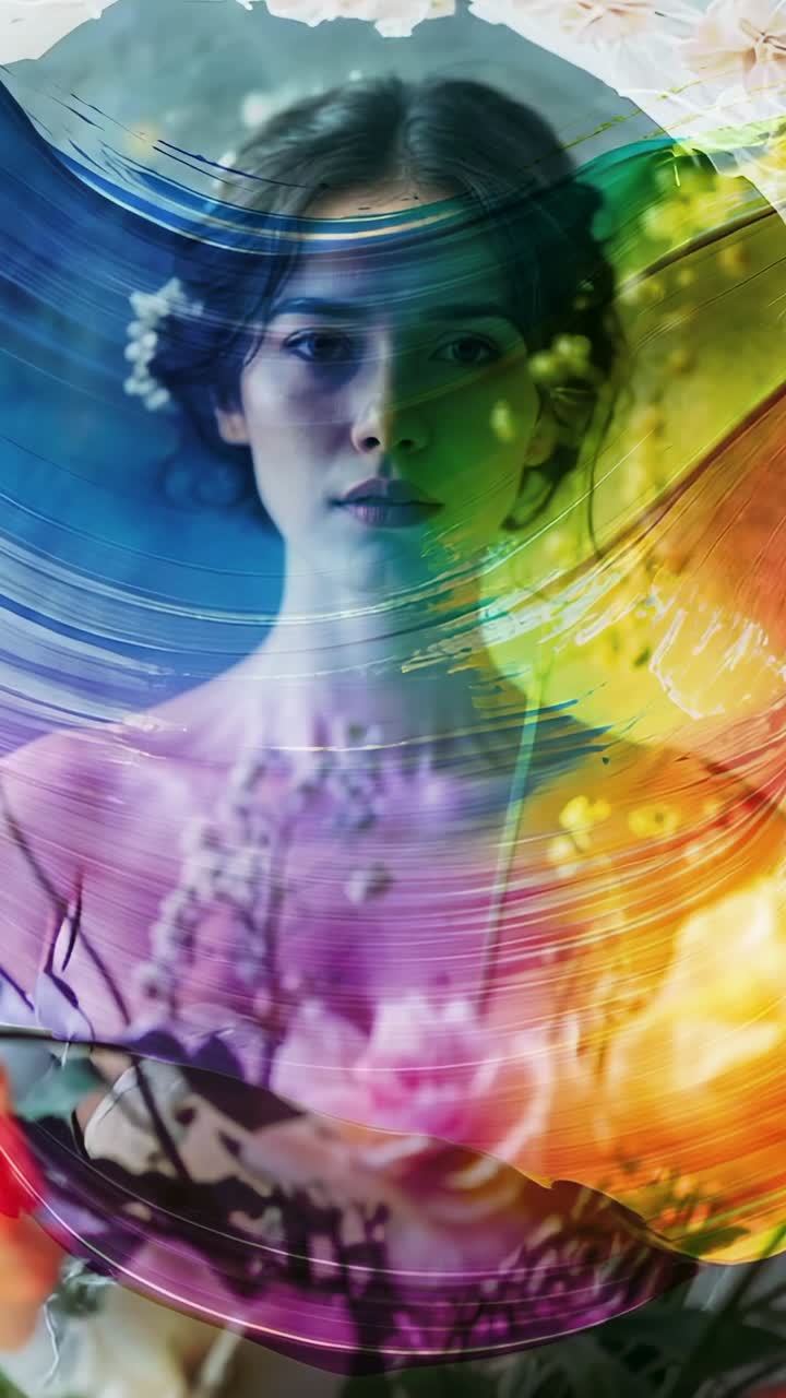 Vertical video: Sweeping rainbow brushstroke revealing Asian woman behind vase of roses in art room