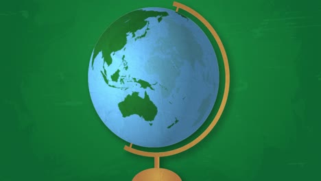 Animation-Eines-Globus,-Der-Sich-Auf-Einem-Ständer-Vor-Grünem-Hintergrund-Dreht