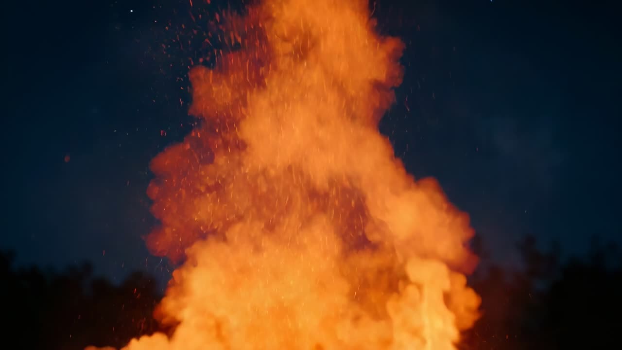 Spark igniting ground fire fueling billowing flame column in clearing at night, with rising embers