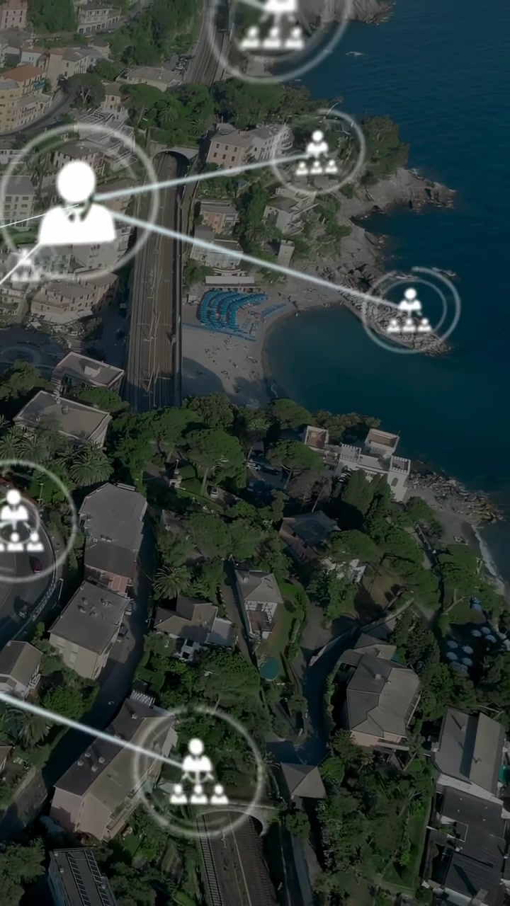 Vertical video: Diagonal line appearing biz icon growing sending net links over coast for tech