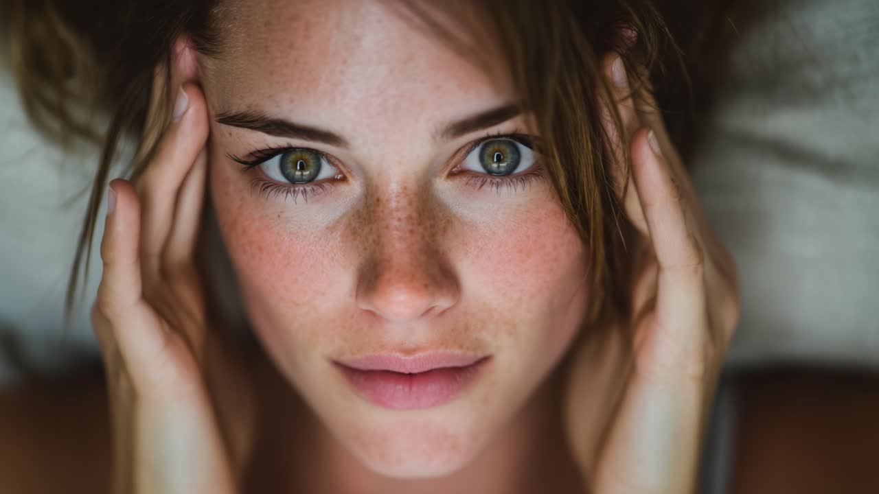 A Close-Up Portrait Capturing Thoughts and Emotions: A Young Woman's Expressive Face, Featuring Beautiful Freckles and Intense Eyes, Reflecting Inner Contemplation and Connection